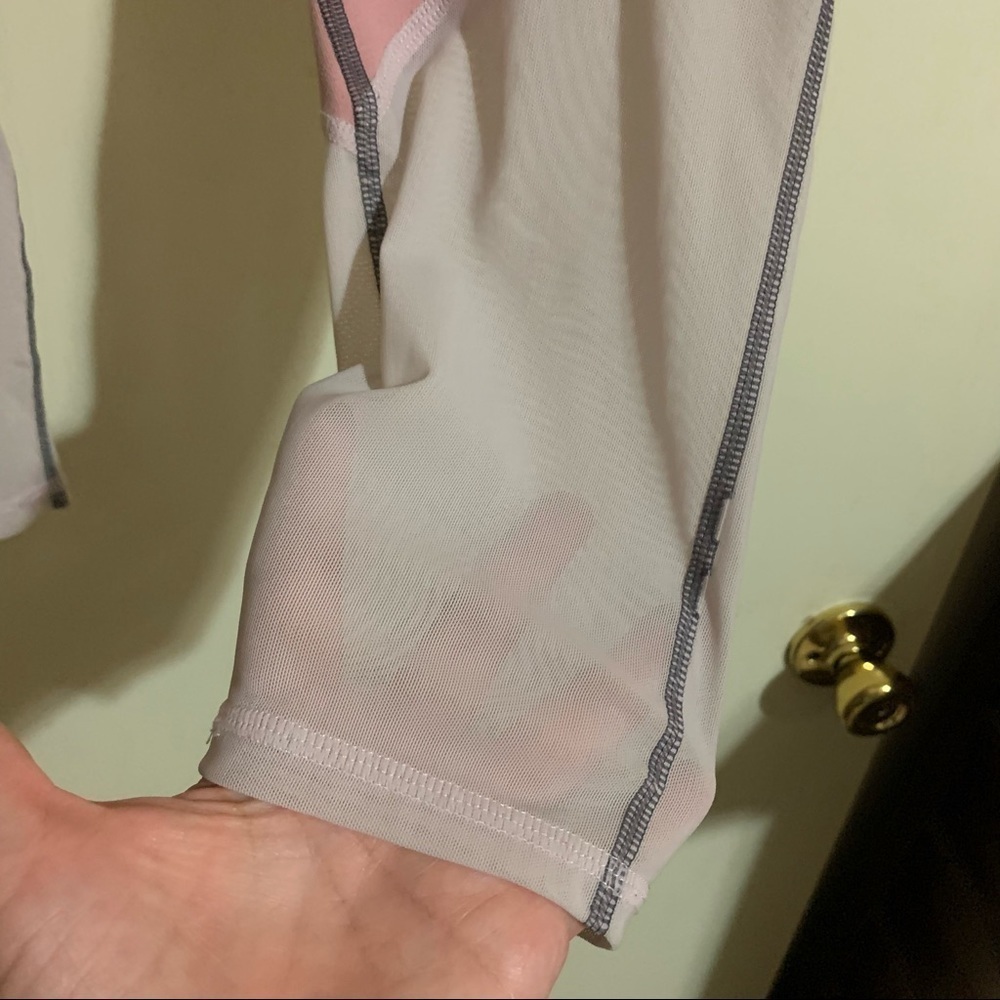 Fabletics Powerhold High Waisted Mesh Block Striped Gray Pink Leggings. - Picture 9 of 11